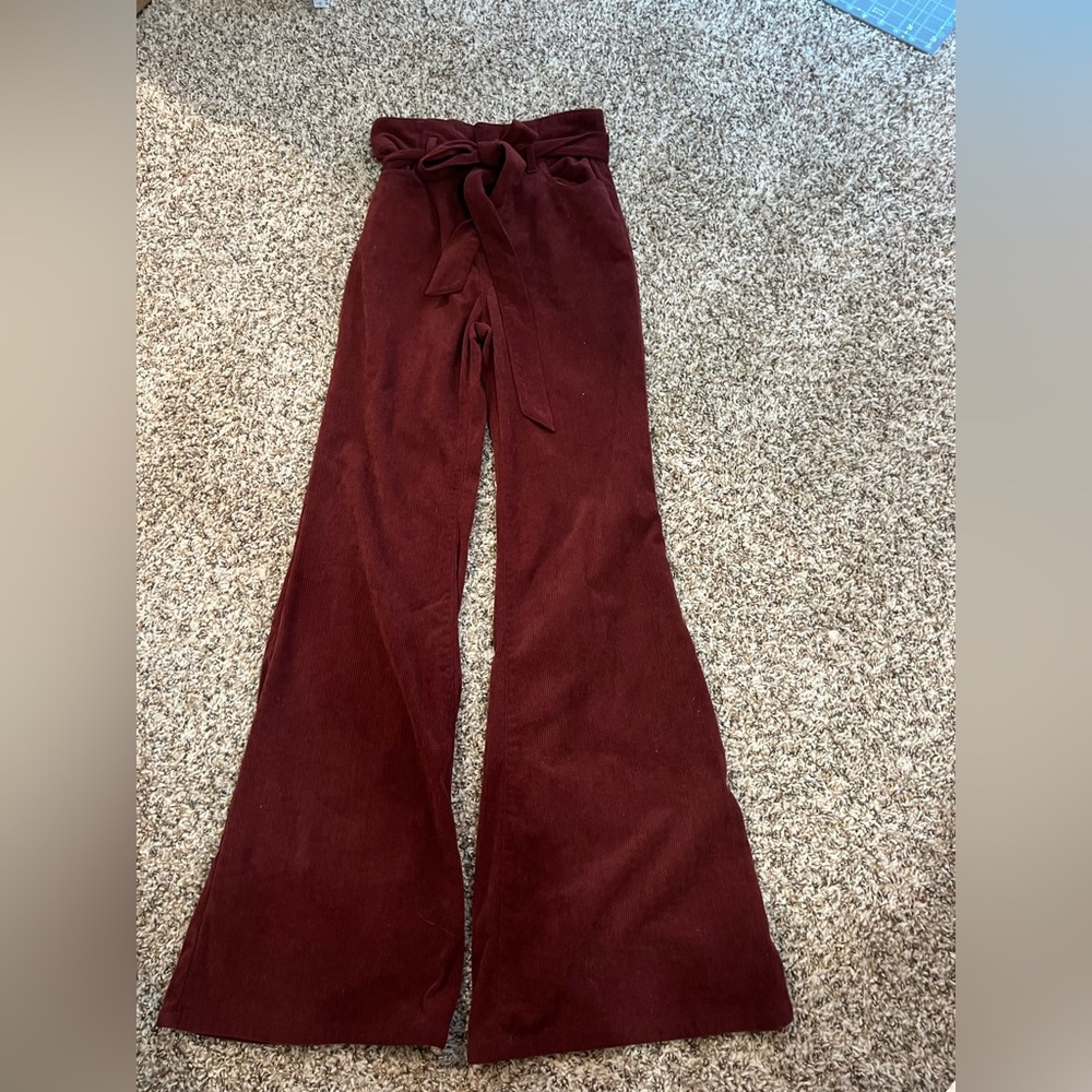 bohme Burgundy Corduroy High-Waist Flare Pants with Tie Belt